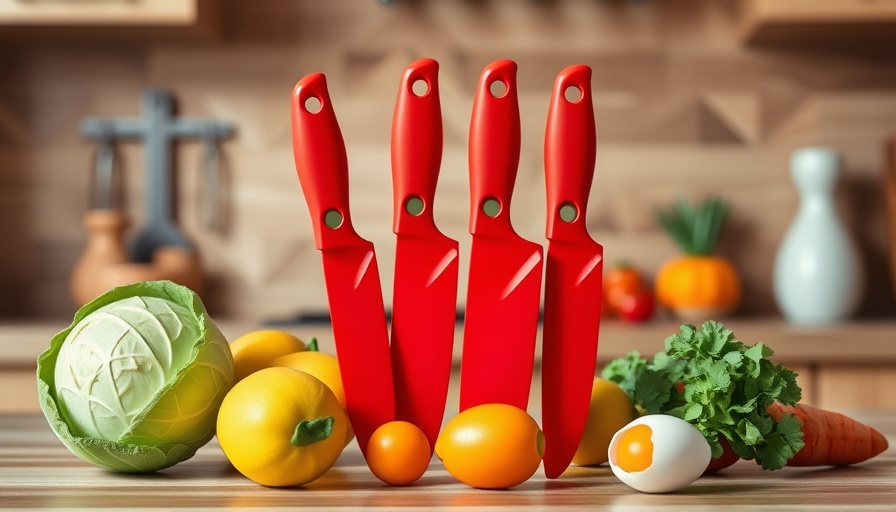 Messer-Set für Kinder with toy fruits on kitchen counter.