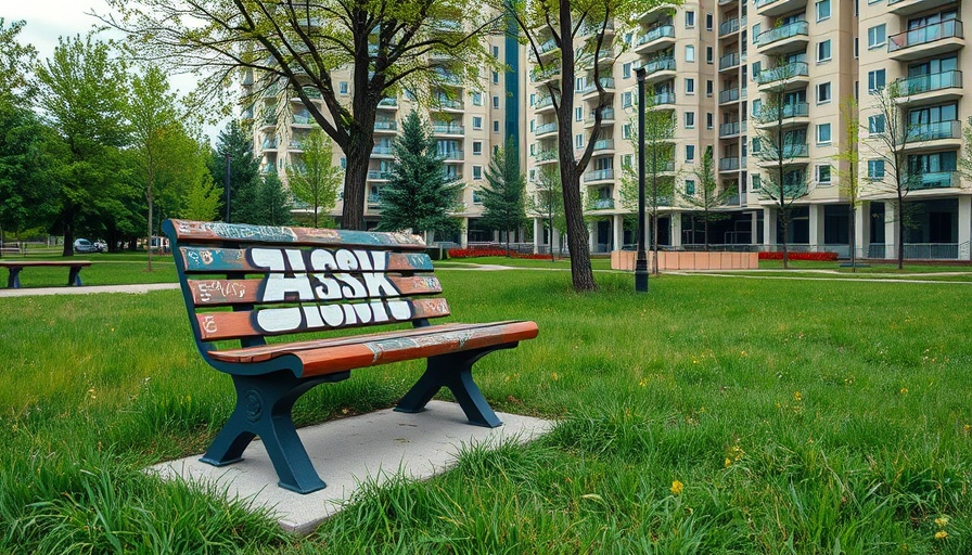Graffiti on benches at Willkomm Höft park with modern buildings