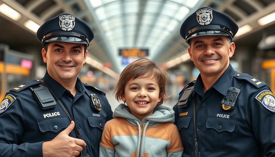 Sicherheit für Kinder im Zug: Police officers and child at station.