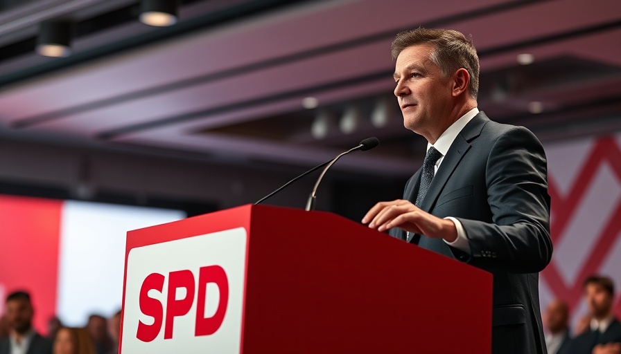 Tim Klüssendorf SPD-Generalsekretär at podium with SPD backdrop.