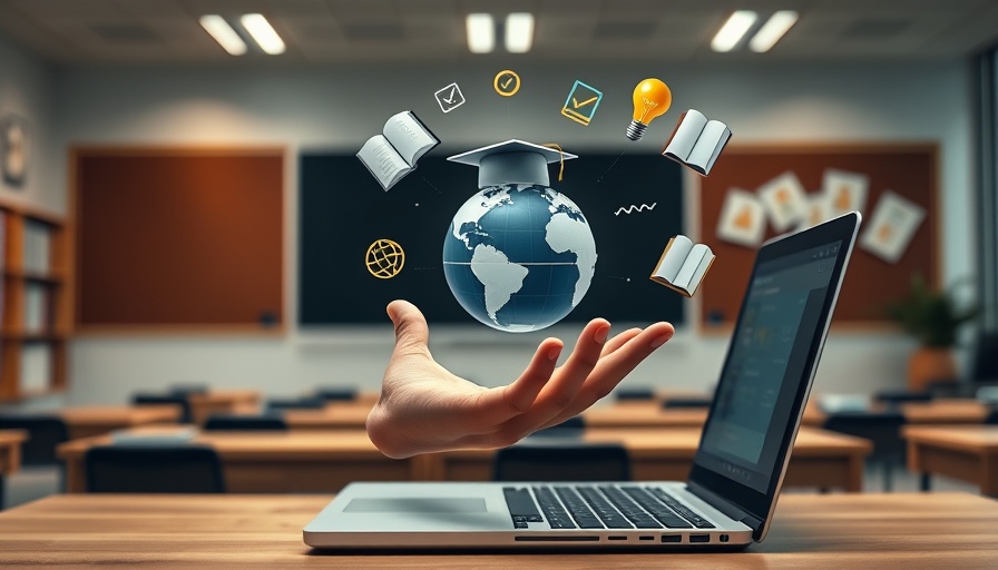Künstliche Intelligenz für Schulen symbolisiert durch schwebende Bildungs-Icons über einem Laptop.