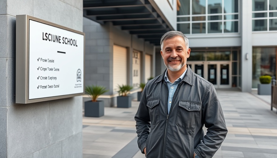 Man standing at Sachsenwaldschule sign, Umbau der Sachsenwaldschule
