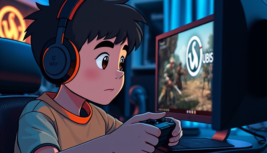 Cartoony gamer playing Ubisoft videogame in digital setting.