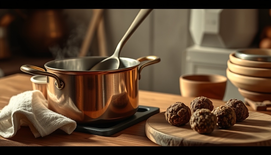 Das perfekte Dinner rustic kitchen scene with copper pot and board.