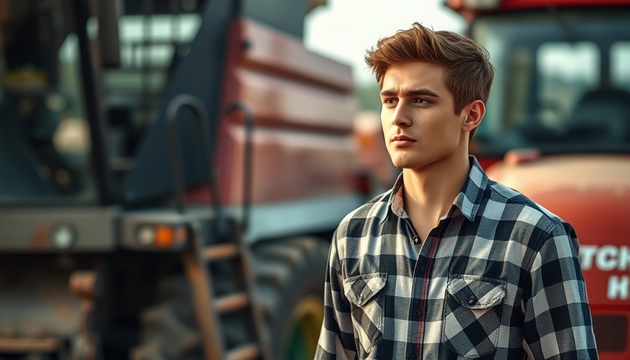 Young adult beside farming equipment in rural setting for Gülle fahren.