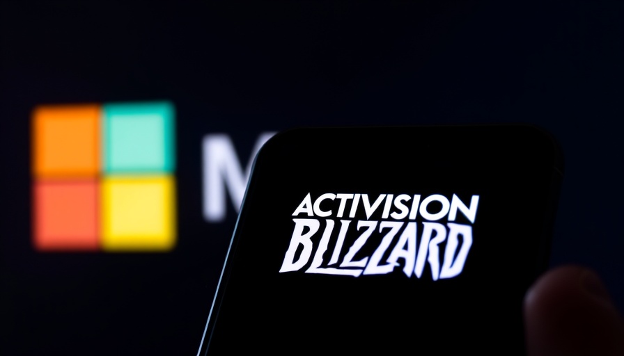Activision Blizzard logo on phone, Microsoft background; merger theme.