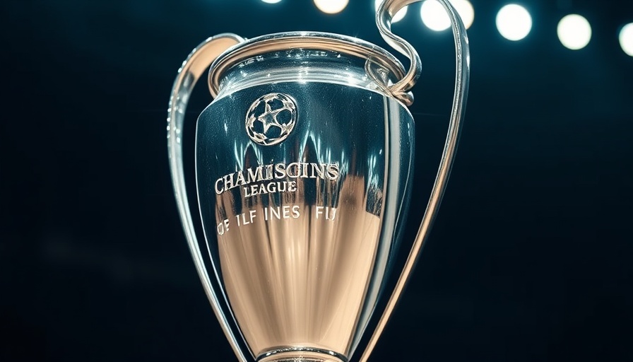 Gleaming UEFA Champions League trophy close-up, reflecting light.