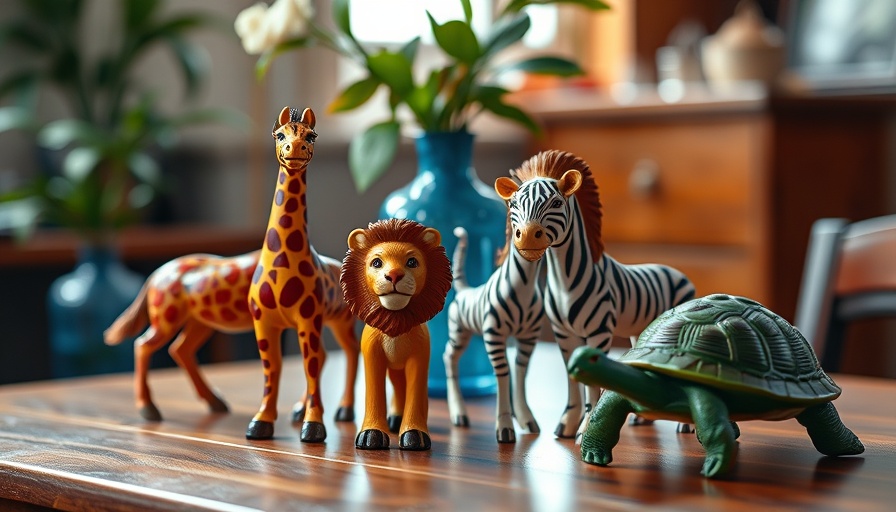 Schleich Design-Edition animal figurines on table, colorful designs.