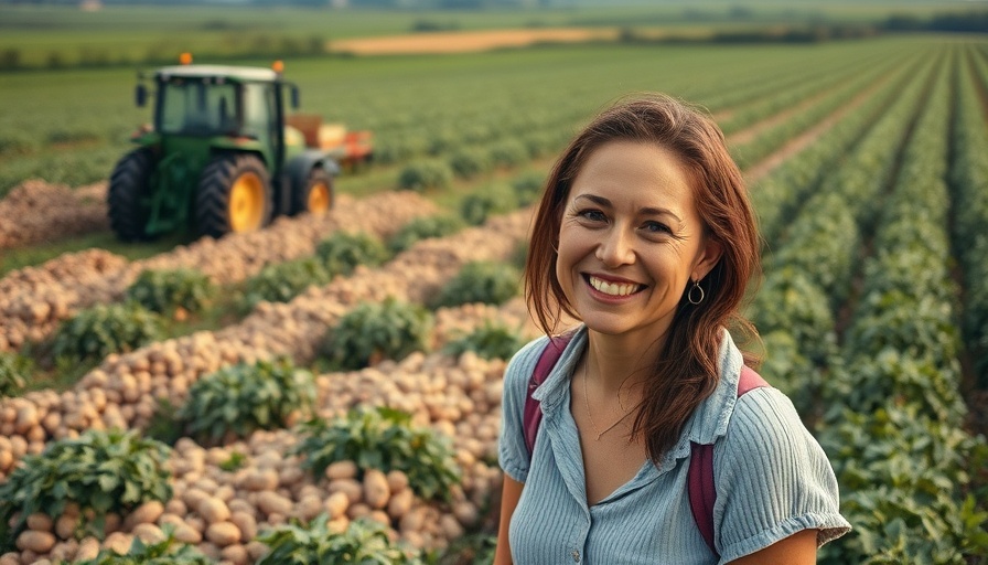 Kartoffelernte Stormarn: Woman smiling with potatoes in field.