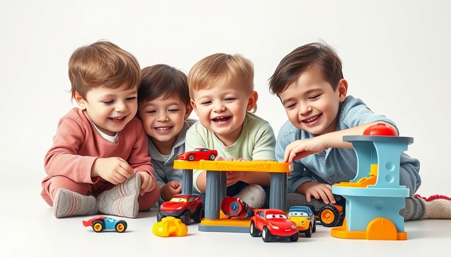 Toddlers enjoying Tut Tut Baby Flitzer Autowerkstatt toy set.