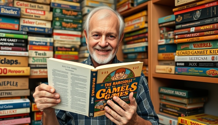 Brettspielgeschichte fördern: Man with board game book in vibrant collection