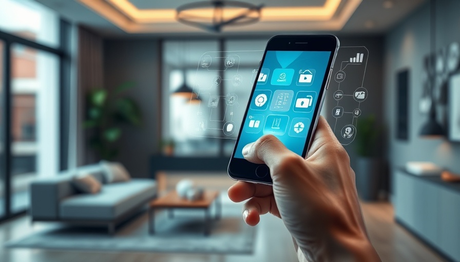 Smartphone controlling smart home with futuristic interface.