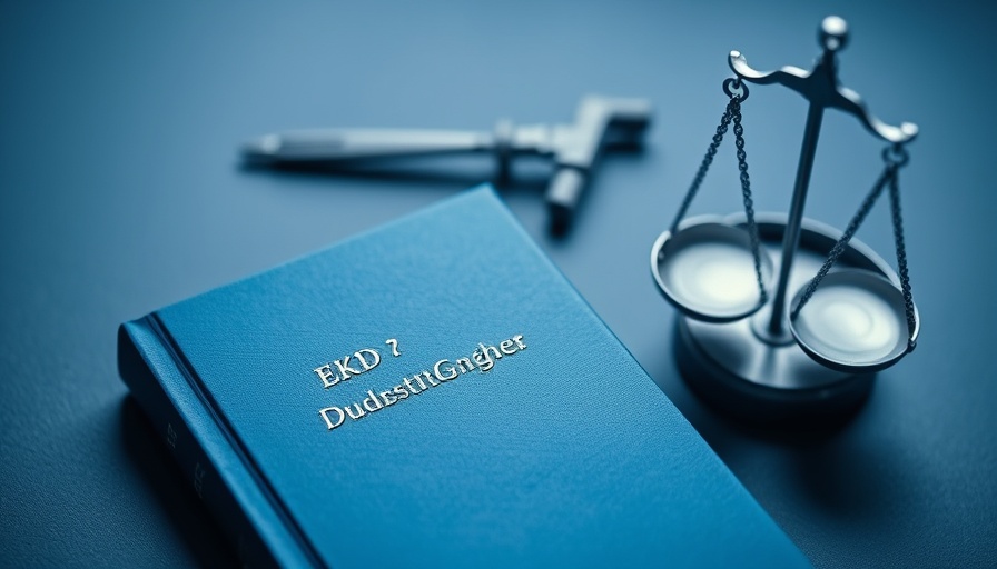 Neues evangelisches Datenschutzgesetz symbolized by a legal book and justice scale.