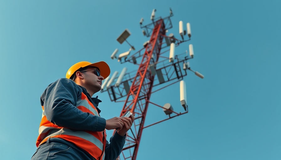 Technician on telecom tower for 6 GHz Mobilfunk inspection.