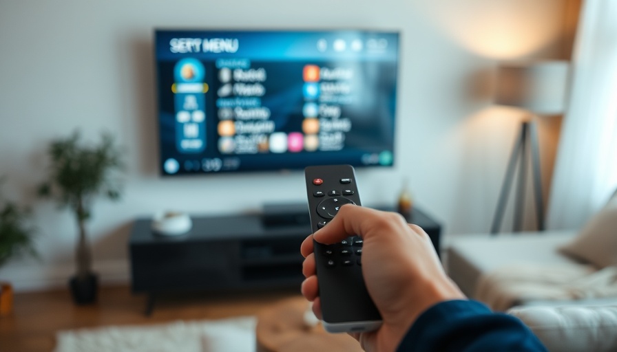 Remote control pointing at TV with secret menu blurred.