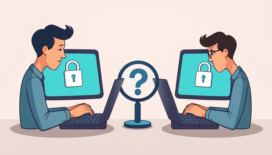 Cartoon showing two people with laptops, discussing encrypted chat backups.