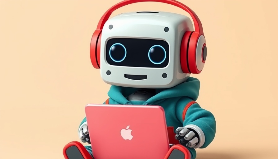 Adorable cartoon robot with headphones using a laptop, OpenAI Windsurf Übernahme theme.