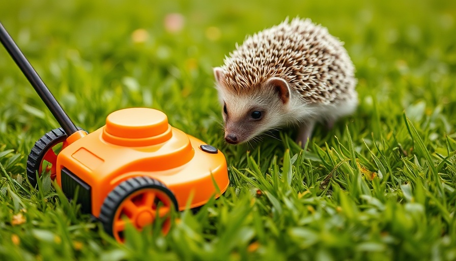 Curious hedgehog interacts with robotic lawn mower; vivid grass scene.