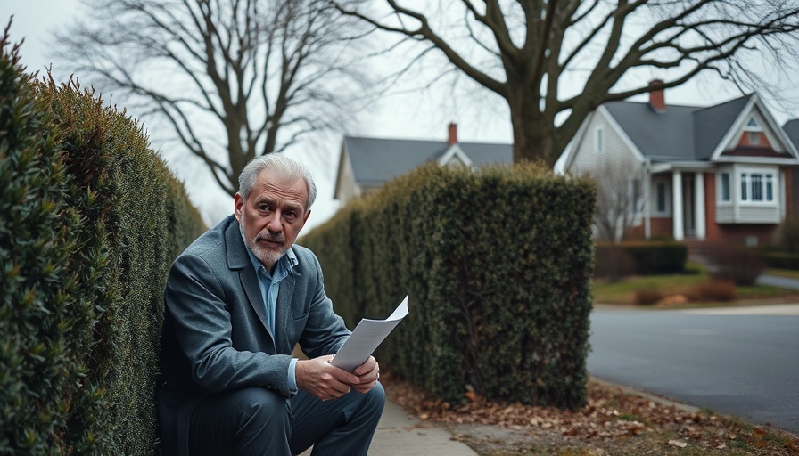 Heckenstreit in Glinde: Man crouching by hedge with suburban house.