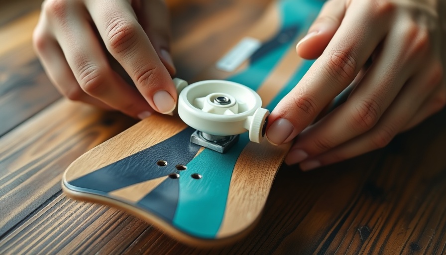 Close-up of assembling a fingerboard with teal deck.
