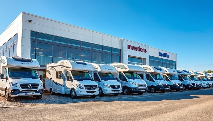 Auto dealership with motorhomes, bright sunny day in Wesenberg.