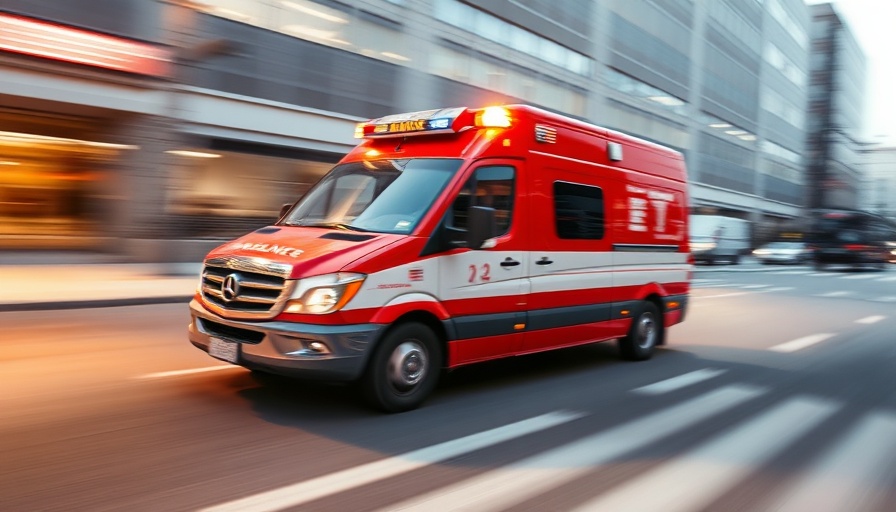 Blurry red and white ambulance speeding in city with flashing lights.