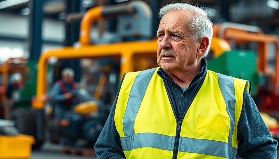 Man in high-vis vest in industrial setting discussing Landmaschinen und Landwirtschaft in Stormarn.