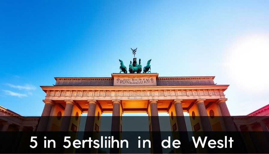 Brandenburg Gate with '5 in 5 Deutschland und die Welt' text overlay.
