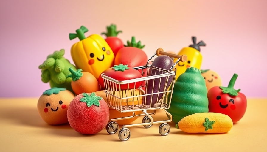 Spielspaß mit Obst und Gemüse: Plush toys with cheerful faces in a cart.