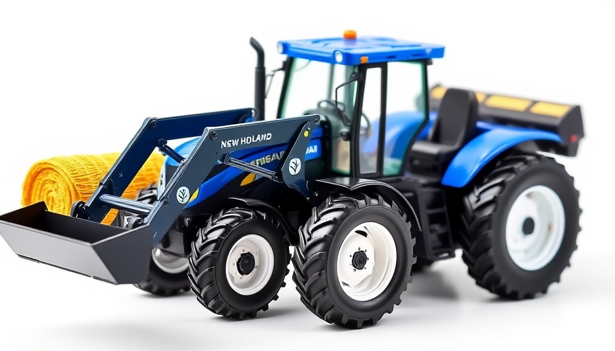 Detailed New Holland T5.120 model tractor with hay bale.