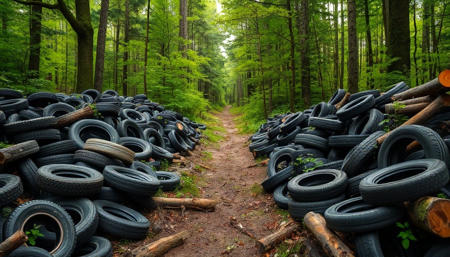 Disused tires and logs in forest path, Müll im Wald scene, vibrant greenery, photorealistic.