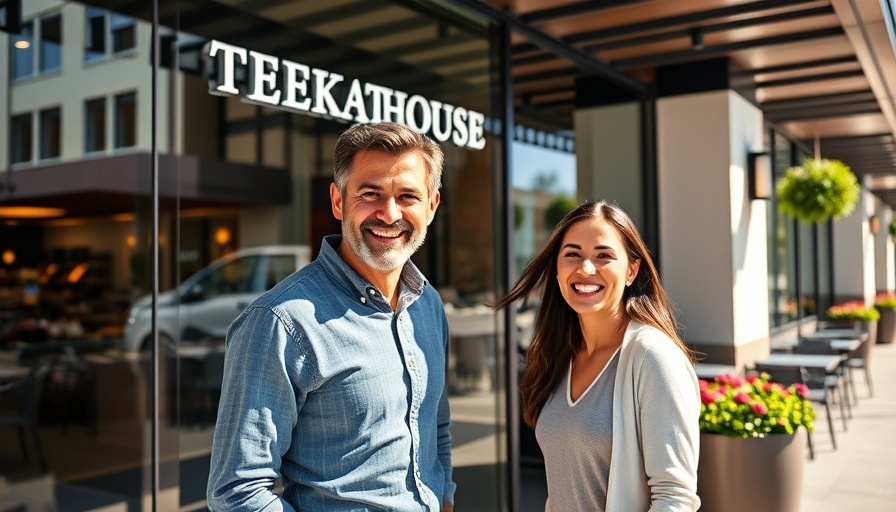 Couple outside the neues steakhaus Stormarn entrance.