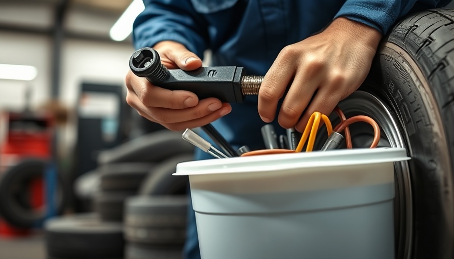 Mechanic repairing tire in workshop, close-up view.