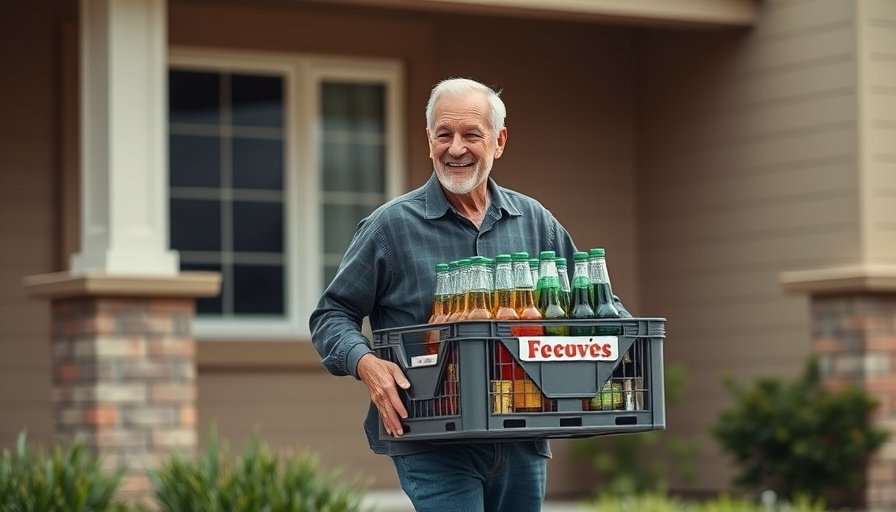 Lieferservice vom Dorfladen delivery man with crate in front of house.