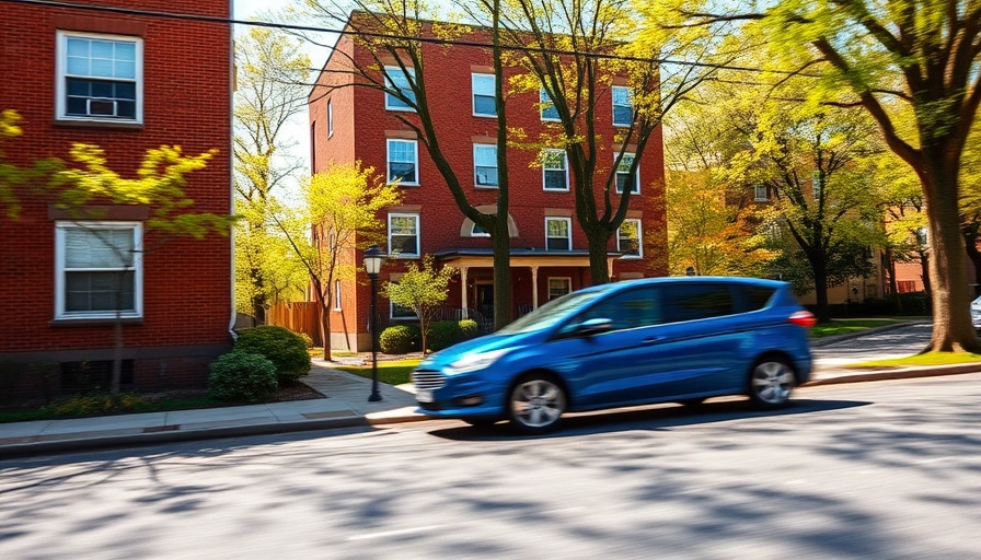 Red-brick building with trees and a blue car passing by on a sunny day.