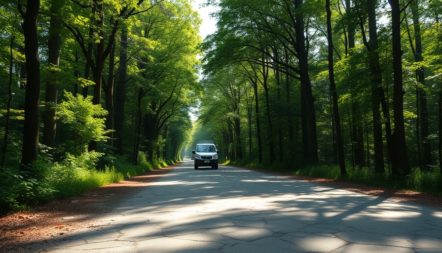 Forest road with potholes in Stormarn, sunlight filtering through trees.