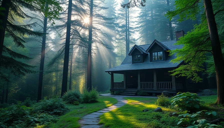 Rustic cabin in Sachsenwald with forest backdrop and mist.