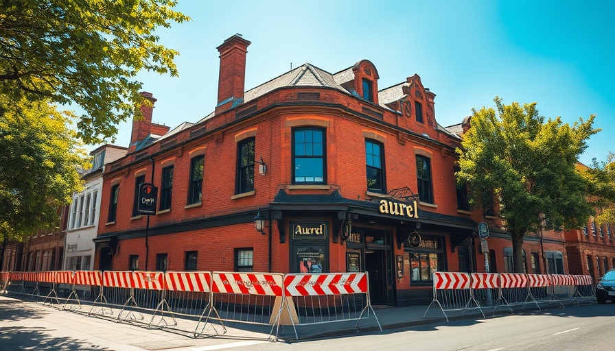Historic Aurel pub in Ottensen with construction barriers, sunny day.