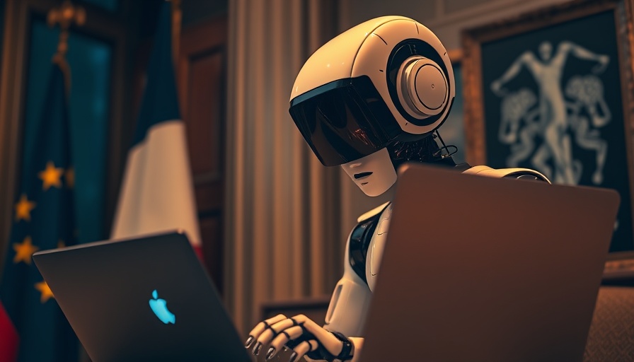 Best Practices für KI in Behörden: Robotic figure at French governmental desk with digital elements.