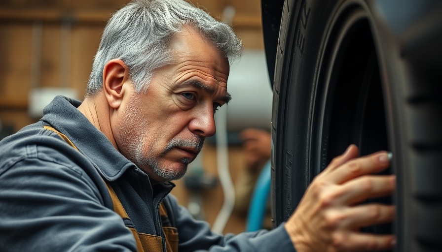 Middle-aged man repairing tire in workshop for XXL-Reifen Reparatur.