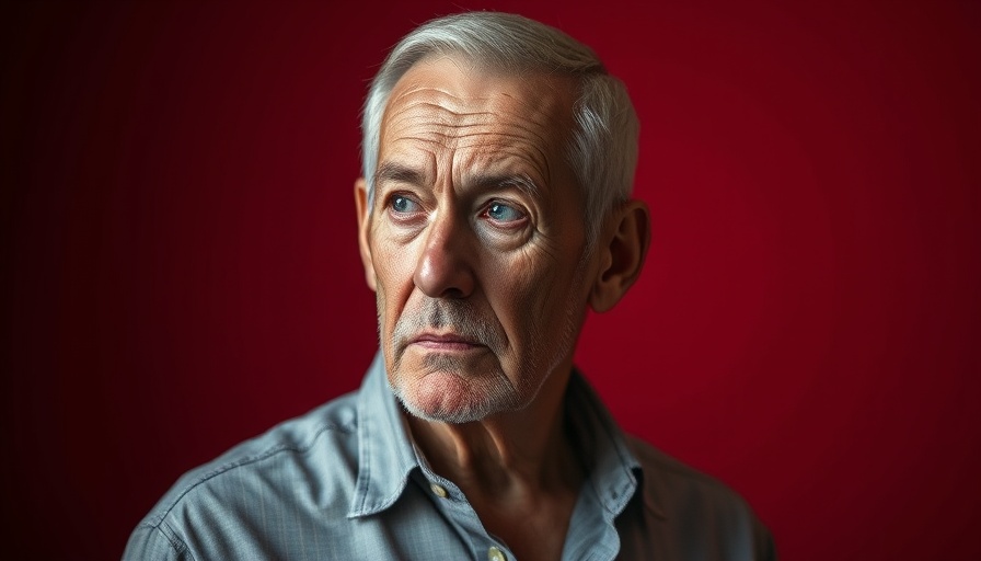Older man with contemplative expression against red background.