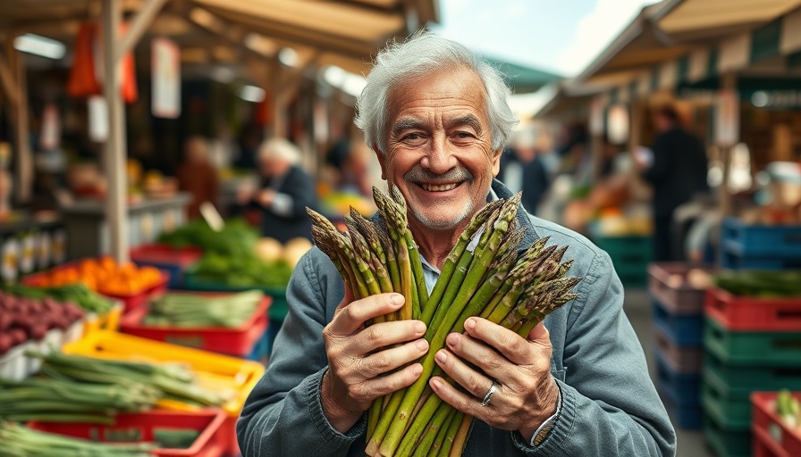 Frischer Spargel direkt vom Erzeuger, smiling man at market holding asparagus.