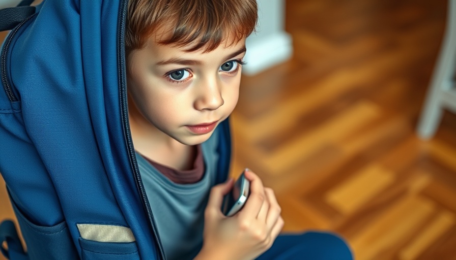 Boy using smartphone in school backpack