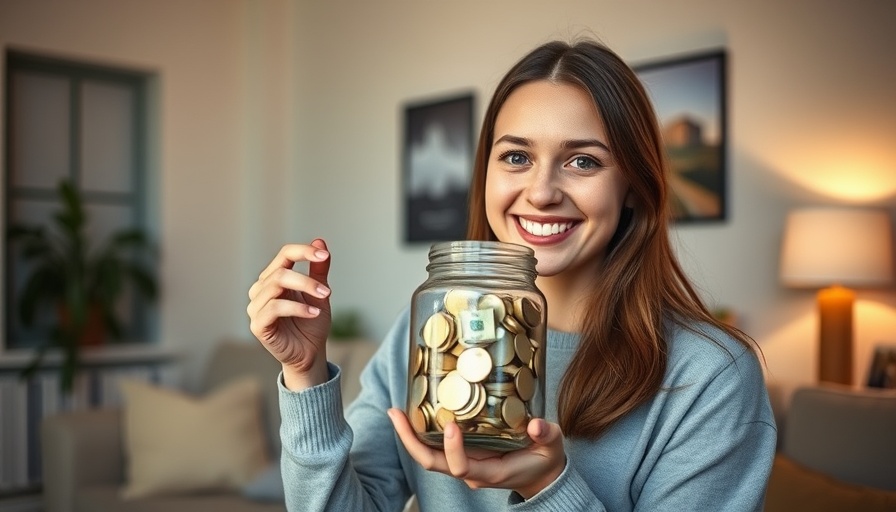 Young woman holding a savings jar, smiling indoors.
