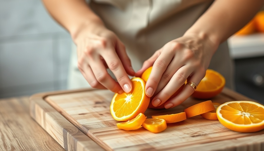 Close-up of hands slicing fresh oranges on a wooden cutting board, highlighting the vibrant colors and textures, illustrating 'täglicher Verzehr von Orangen'.