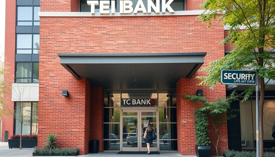 Modern bank entrance in Reinbek, red brick with security sign.