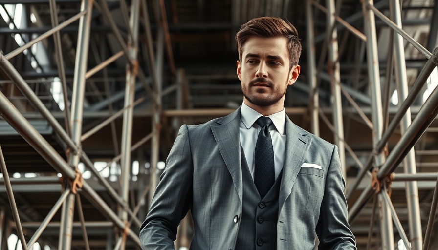 Man in gray suit stands on scaffolding at construction site in Hamburg.