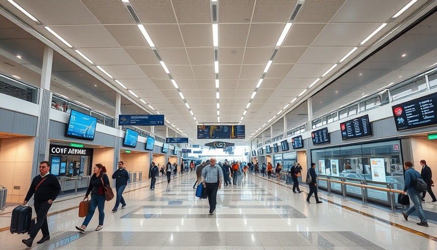 Modern airport terminal with electronic entry system, digital displays.