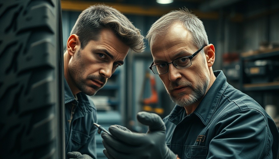 Mechanic doing Reifenreparatur in workshop, detailed scene.