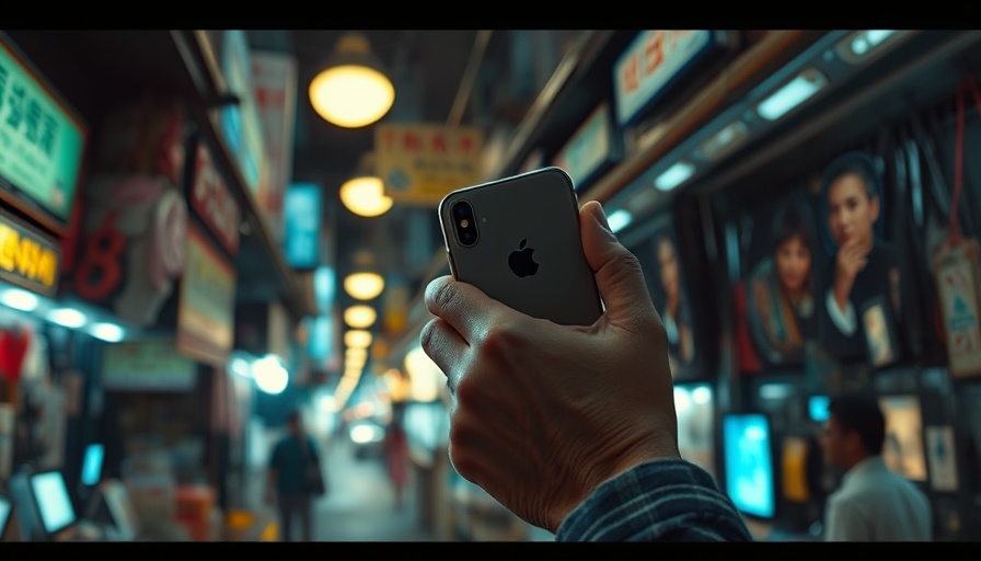 Geklaute iPhones illustration of a hand holding an iPhone at an urban night market.